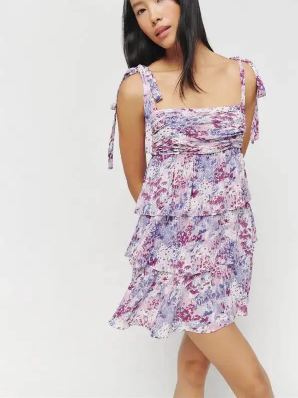 Reformation Lavender-Pink Floral Tie-Shoulder Tiered Mini Dress